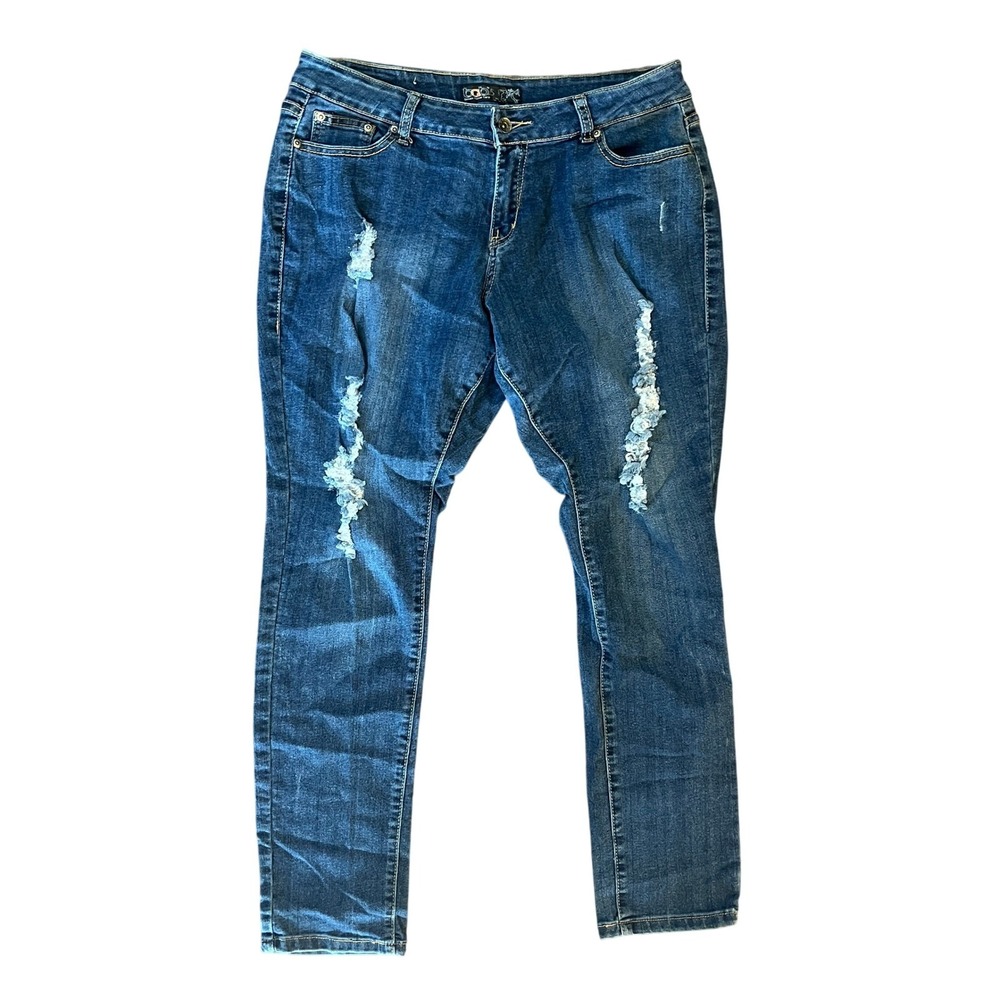 BQB's Design Fusion Corp Womens Size 17 Distressed Rhinestone Skinny Jeans Blue